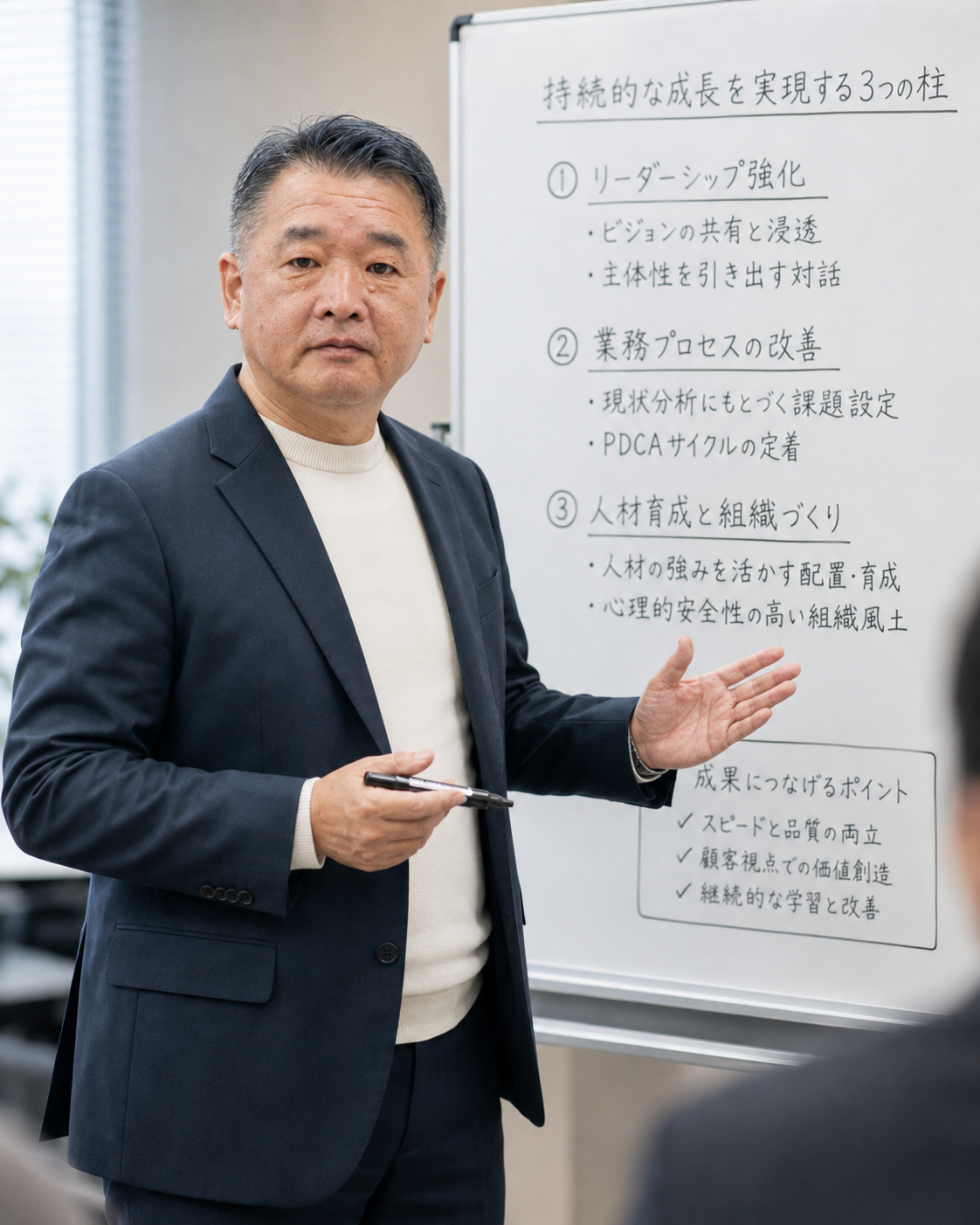 人材育成と組織づくりについて説明する木村文昭